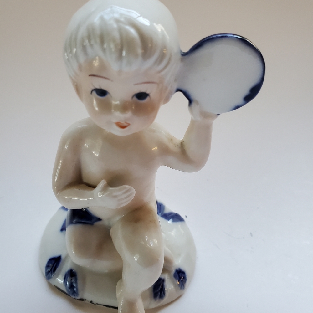 Vintage Little Boy Listening to the Sea with Seashell Figurine Cottagecore Fairy